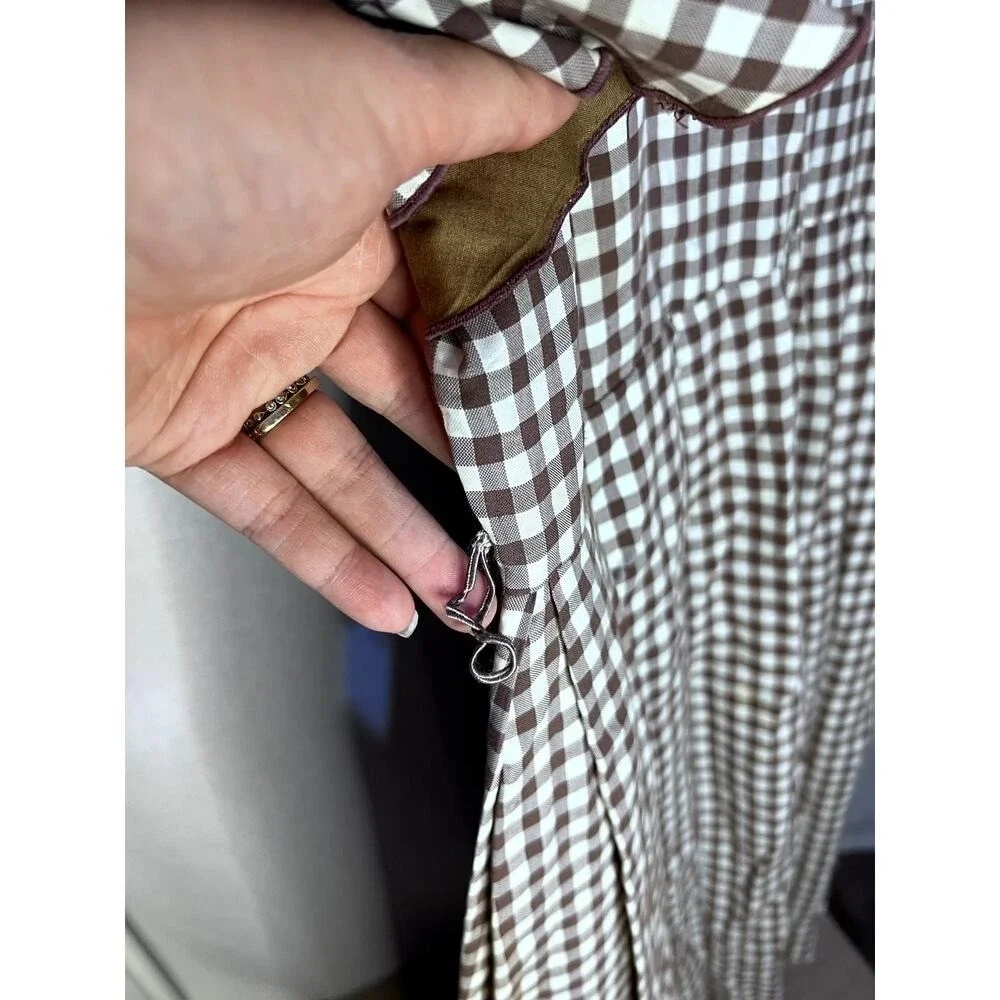 Vintage 60s 70s Brown Gingham Scoopneck Ruffle Button Midi‎ Dress